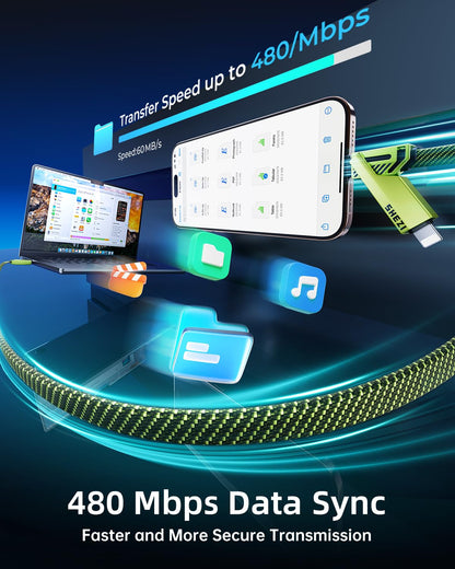 SHEZI [Upgraded 2.0] 4-in-1 USB C Cable 60W 10FT Fast Charging [480Mbps Data Sync] Flat Nylon Braided Charger Cord Combo, USB A/C to C/L Multi Charge Cable for iPhone/iPad & Most Devices, Green