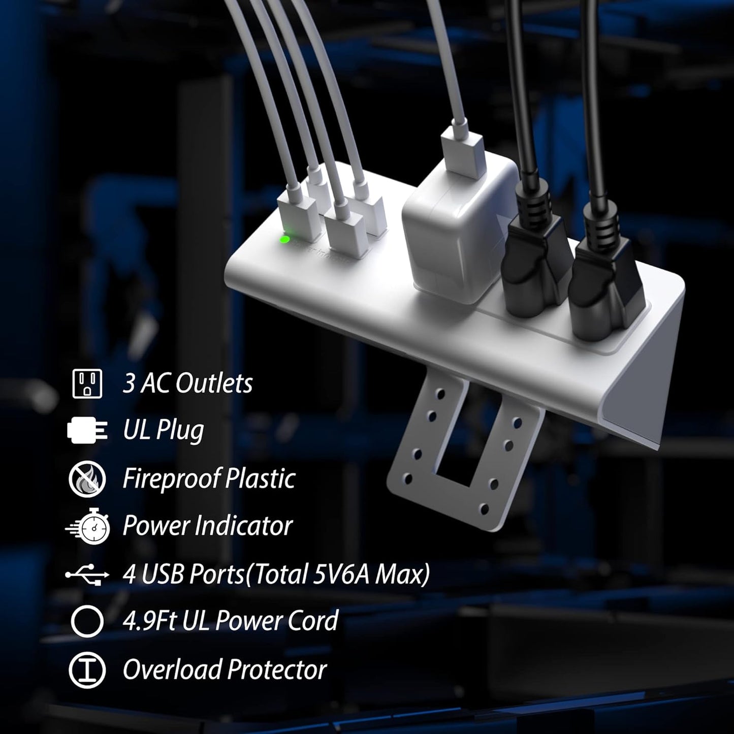 Nightstand Edge Mount Power Strip with USB-C Ports Tabletop Surge Protector Desk Clamp Power Sockets with 3 AC Outlets &4 Fast Charging USB Ports for Home Office Hotel and Dormitory