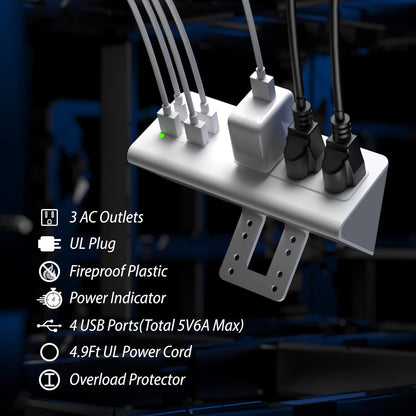Nightstand Edge Mount Power Strip with USB-C Ports Tabletop Surge Protector Desk Clamp Power Sockets with 3 AC Outlets &4 Fast Charging USB Ports for Home Office Hotel and Dormitory (White(2-Pack))