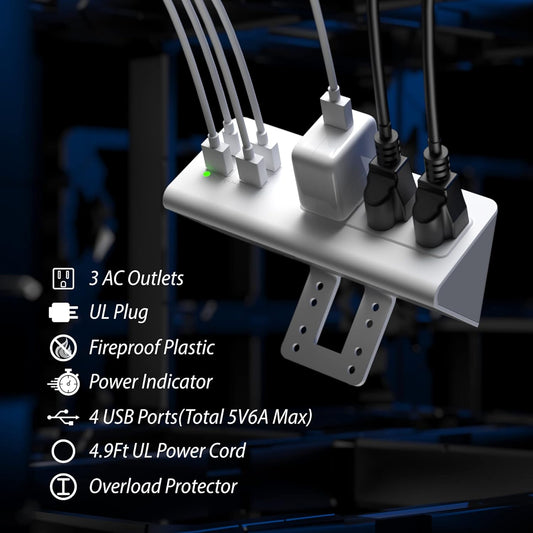 Nightstand Edge Mount Power Strip with USB-C Ports Tabletop Surge Protector Desk Clamp Power Sockets with 3 AC Outlets &4 Fast Charging USB Ports for Home Office Hotel and Dormitory (White(2-Pack))