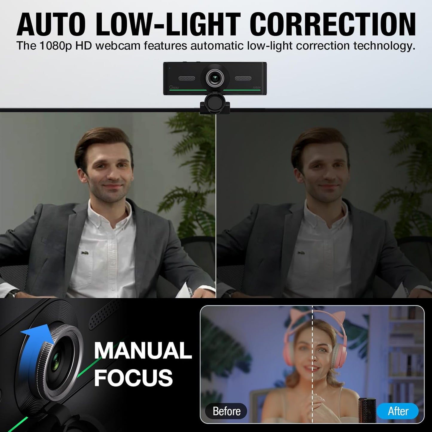 Webcam with Headset and Microphone, 1080P Webcam with Privacy Cover, Plug and Play Web Camera for Desktop Computer Zoom Meetings, Audio Bluetooth only for Headset