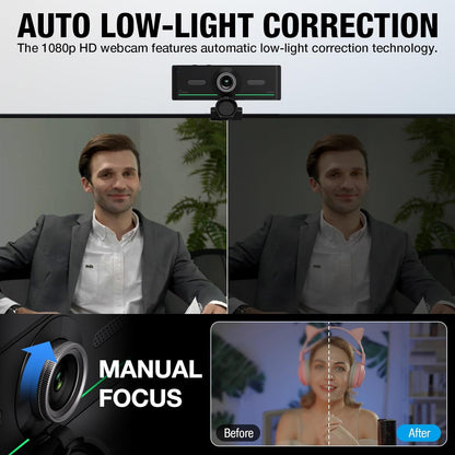 1080P Webcam with Mics, Auto Light Correction, USB Plug&Play, Privacy Cover, Computer Webcam Connect Bluetooth Headset/Earphone/Speaker, Full HD for Business Meetings & Live Streaming