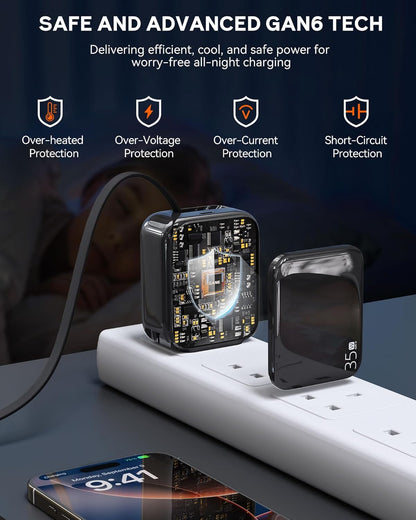 Retractable Wall Charger, 35W Fast USB C Charger Block with Extendable Type C Charing Cable for iPhone 16 15 Galaxy S25 24, Portable Retractable Charging Plug for Home Kitchen Office Travel