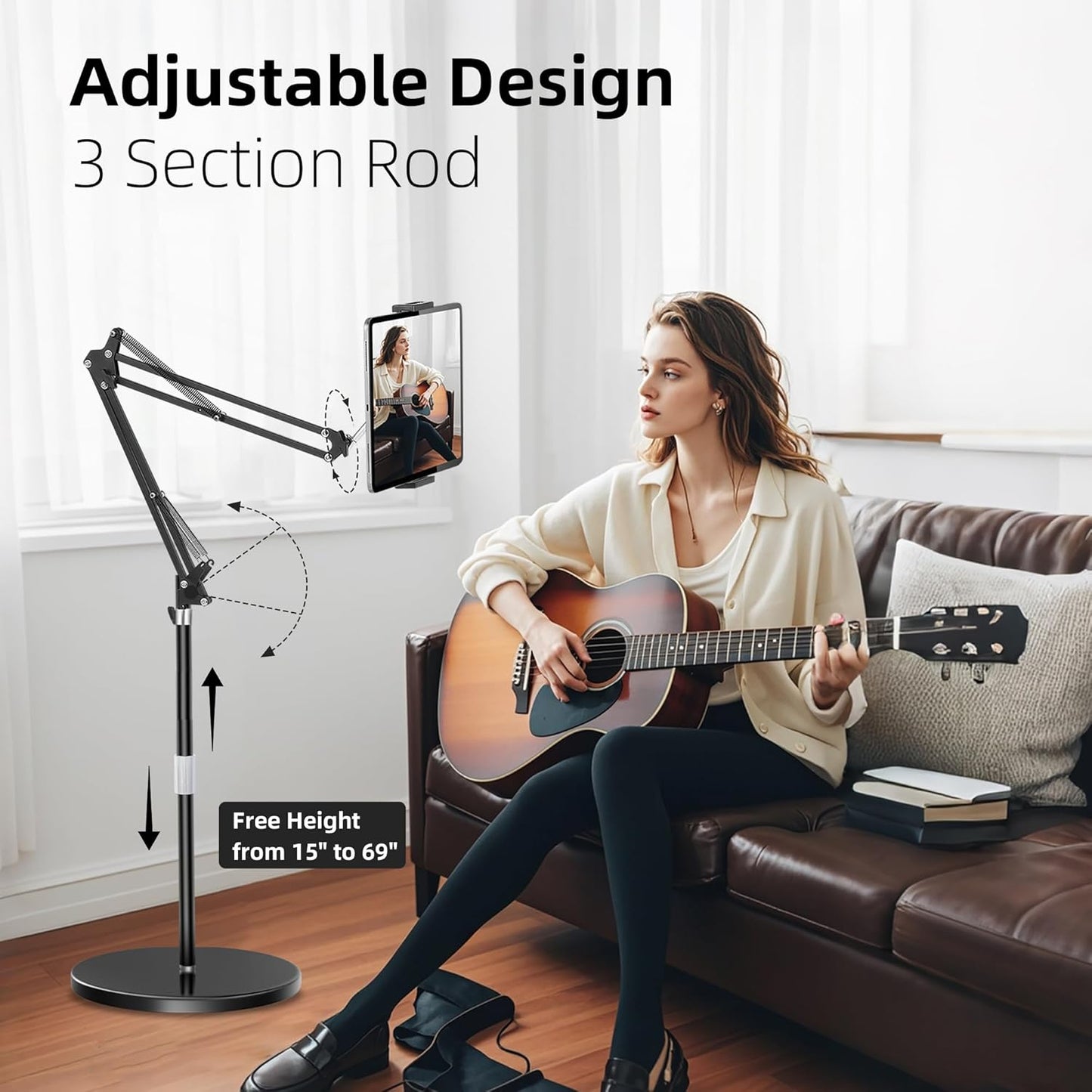 Peastrex Tablet Floor Stand with 12lb Stable Base Overhead Bed Ipad Phone Holder Mount with Adjustable Height Stretchable Arm for 4.5-13in iPad Pro Air Mini 12.9/9.7, Kindle, Galaxy Tab, CellPhones