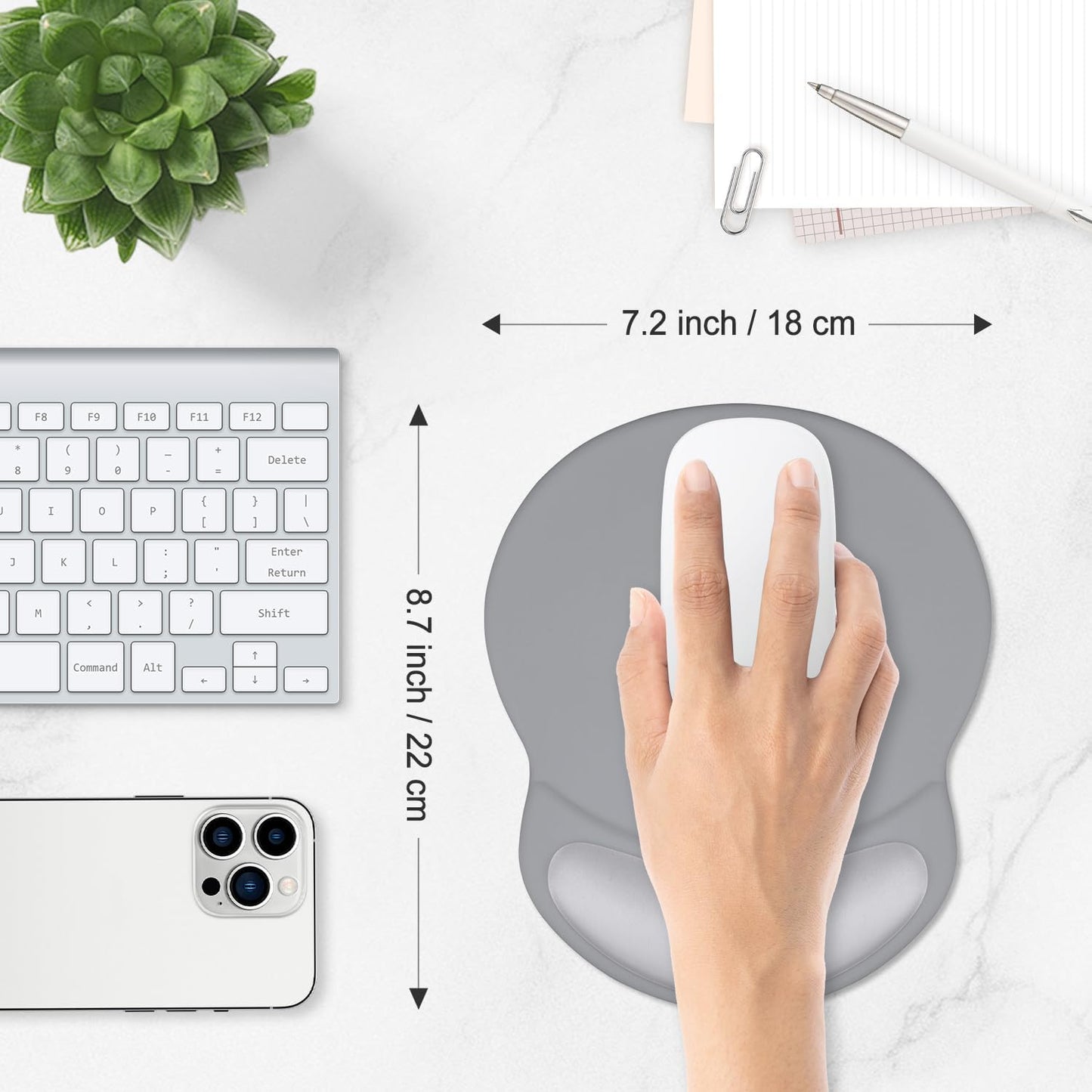 ITNRSIIET Ergonomic Mouse Pad with Comfort Gel Wrist Rest, Non-Slip PU Base, Smooth Textured Surface, Reduces Hand Fatigue & Wrist Pain, 8.7 x 7.2 Inch for Office Gaming Home, Light Gray Accent