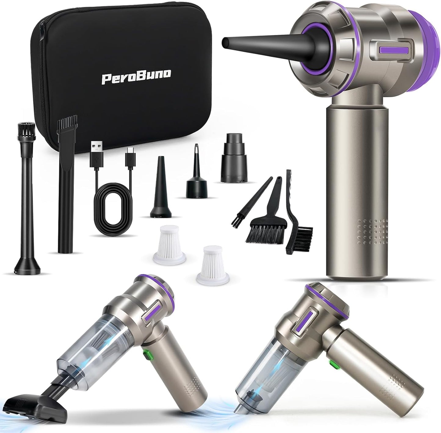 PeroBuno Electric Air Duster, Mini Vacuum Cleaner Cordless, 2-in-1, 200000RPM, 35mins Runtime, Rechargeable Outdoor Blower with 3 Gear for Car Computer Keyboard Cleaning