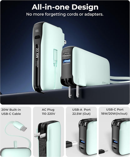 1 Pack Portable Charger with Built-in USB-C Cable & Plug, 10,000mAh 5V/4.5A Power Bank Fast Charging 22.5W, Travel Essential Battery Pack 3 Output for iPhone 16/15 Series, Samsung Galaxy, iPad