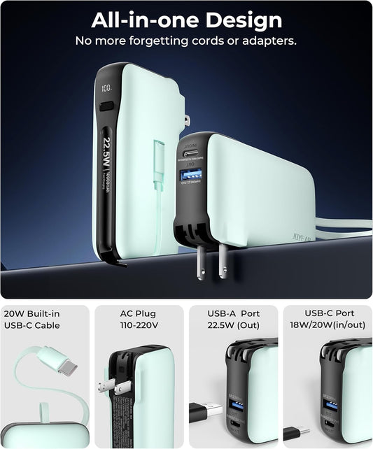 1 Pack Portable Charger with Built-in USB-C Cable & Plug, 10,000mAh 5V/4.5A Power Bank Fast Charging 22.5W, Travel Essential Battery Pack 3 Output for iPhone 16/15 Series, Samsung Galaxy, iPad