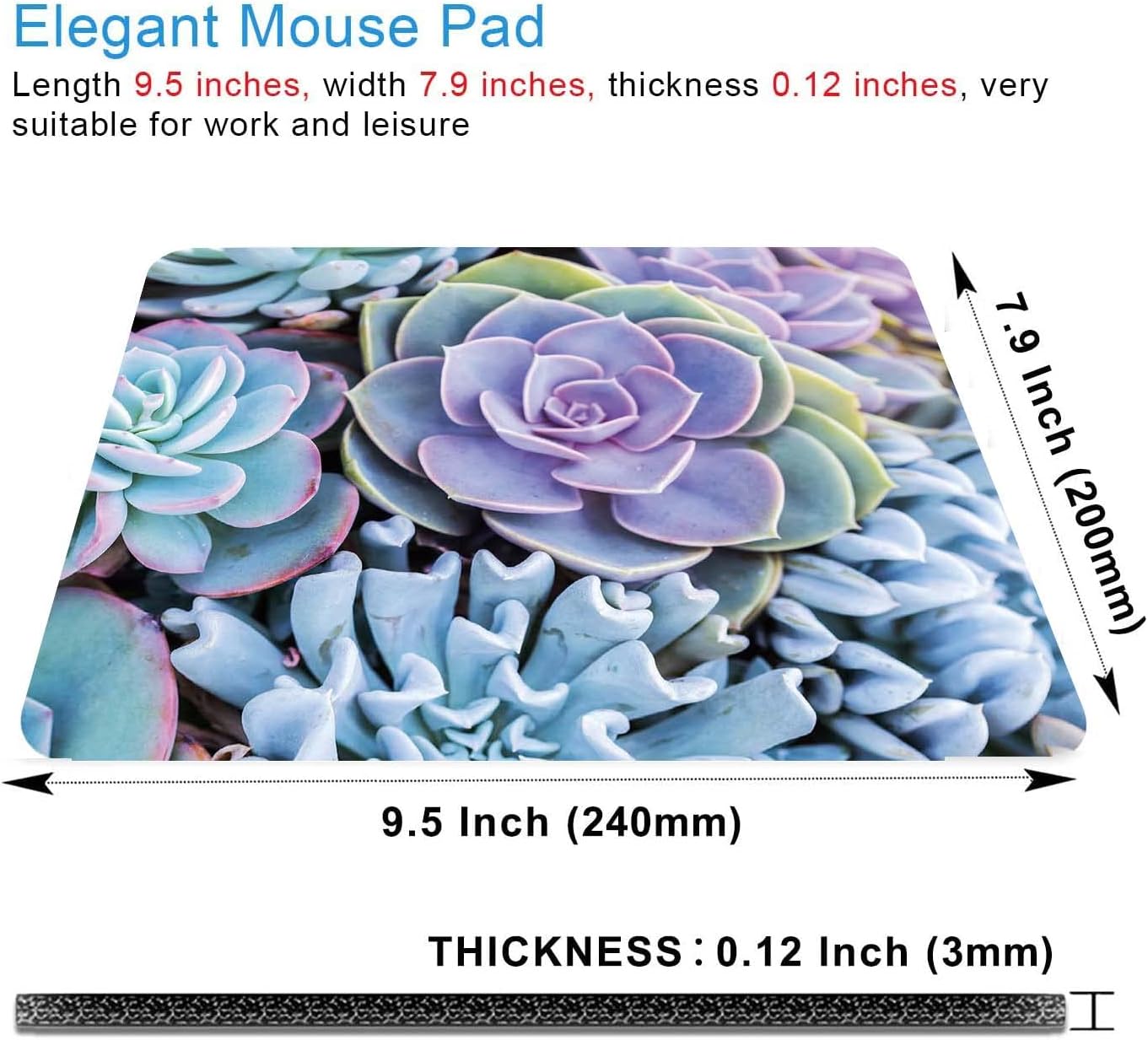 Succulents Mouse Mat, Waterproof Mouse Pad Non-Slip Rubber Base For Office Laptop, 9.5"x7.9"x0.12" Inch