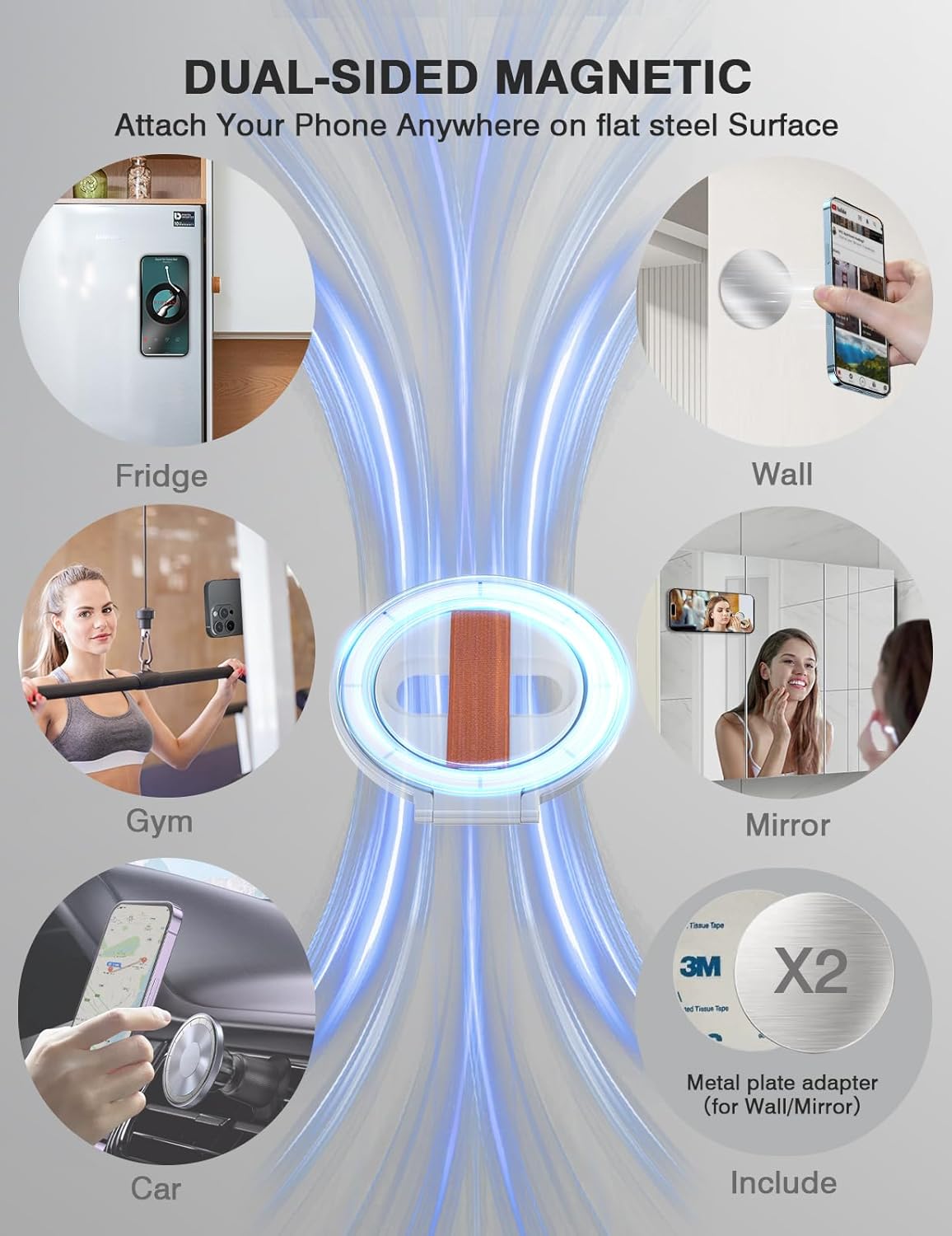 Grat 2 Magnetic Phone Grip Kickstand, [Elastic Finger Strap] Phone Loop Holder, Dual-Sided Magnet Ring Stand Compatible with Magsafe Series iPhone 16 15 14 13 12 Pro max, Silver