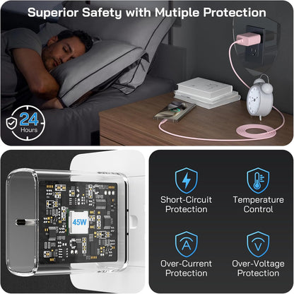 45W Super Fast Charger USB C, 45 Watt Type-C Android Phone Charger Fast Charging Block with 10FT Type C Cords for Samsung Galaxy S25 Ultra/S24 Ultra/S24+/S23 Ultra/S22 Plus/S20, Tab S9/S8 Ultra(Pink)