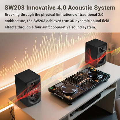 SW203 4.0 Computer Speakers - 60W 4-Way DSP Control 3D Immersive Sound - 3" Carbon Fiber Woofer & 20mm Silk Dome Tweeter - 24bit DAC USB/Bluetooth 5.4/AUX - Studio-Grade Audio (Pair, Black)