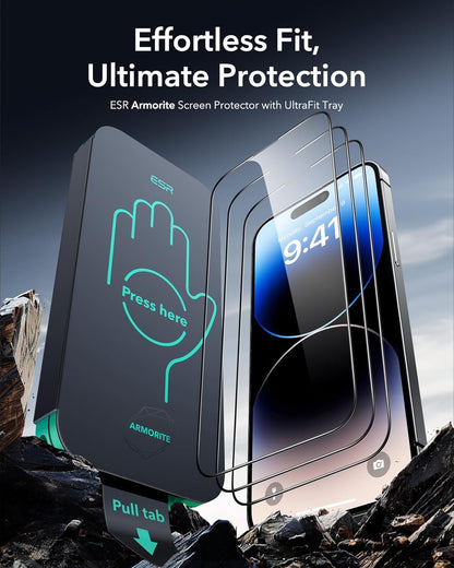 ESR 3 Pack 9H+ Glass for iPhone 14 Pro Max Screen Protector, [Military Grade Shatterproof & Longest Durable] Armorite Ultra-tough Full Coverage Tempered Glass with UltraFit Tray