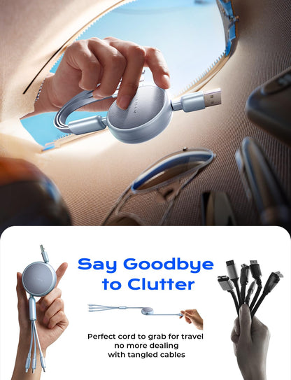 LISEN Multi Charging Cable 3 in 1 iPhone 16 Charger Cord, Retractable Car Charger Type C Cable, Retractable iPhone Charger Cord with Type C/L/Micro USB for iPhone/Samsung/PS/Kindle,Blue