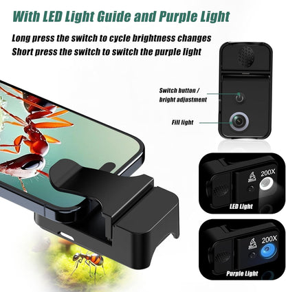 Phone Microscope 200X Pocket Magnifier Camera with CPL Lens/Lights, Zoom Universal Portable Phone Microscope with Clip for 99% Phone, Perfect for Coin/Stamp/Plant Inspection
