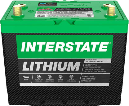 Interstate Batteries 12V 100Ah Group Size 24M Lithium Marine Dual Purpose Deep Cycle LiFePO4 Battery, Maintenance Free, Lightweight, Ideal For Boats with 1,000 Marine Cranking Amps (Li24MDP12V100)