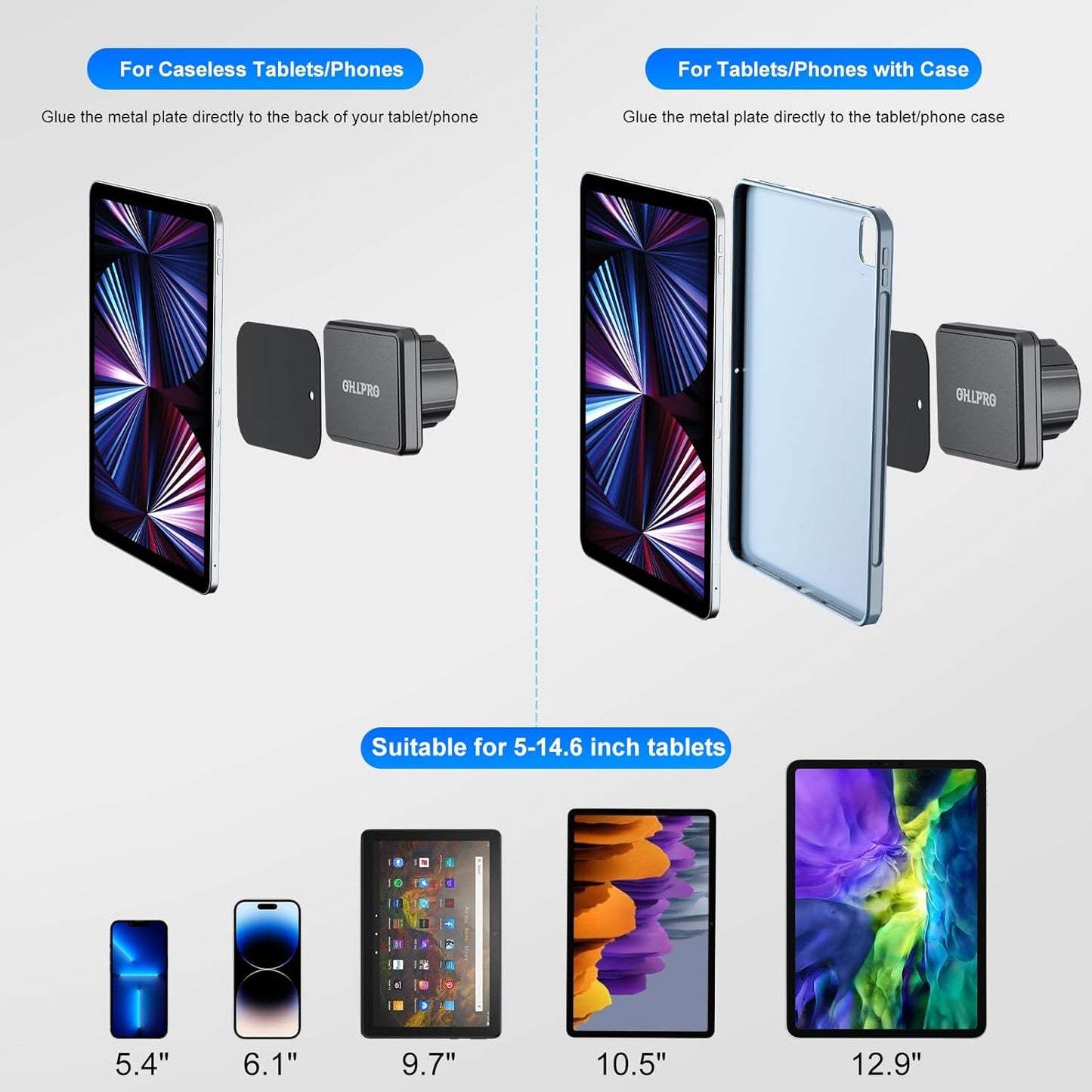 OHLPRO Magnetic Tablet Car Mount Holder, 360°Rotatable Drill Base iPad Wall Mount, Strong Magnet Tablet and iPad, Galaxy, Kindle, Fire HD, Truck, Car, Desk, Boat