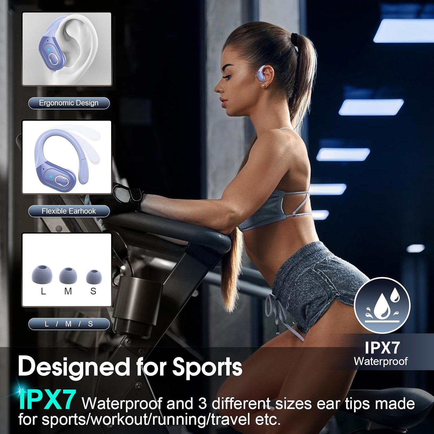 Wireless Earbuds 75hrs Bluetooth 5.4 Headphone Sport, 2025 Bluetooth Earbuds Stereo Deep Bass Over Ear Bud with Earhooks, ENC Noise Cancelling Mic, IPX7 Waterproof Earphone, Purple Blue