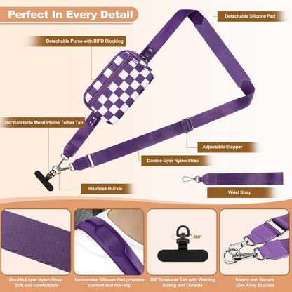 Clip and Go Strap for Phone with Wallet Crossbody, Adjustable Phone Lanyard with Detachable RFID Wristlet Wallet, Phone Strap with Phone Tabs for All Phones, Purple Checkered (L)