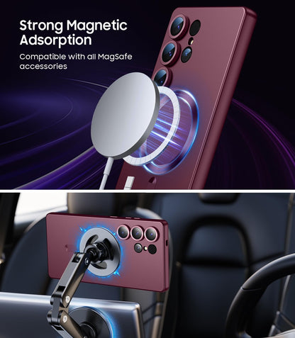 Magnetic for Samsung Galaxy S25 Ultra Case [Compatible with MagSafe][Built-in Camera Lens Protector] Slim Soft Silicone Bumper Shockproof Metallic Luster Phone Shell (Burgundy)