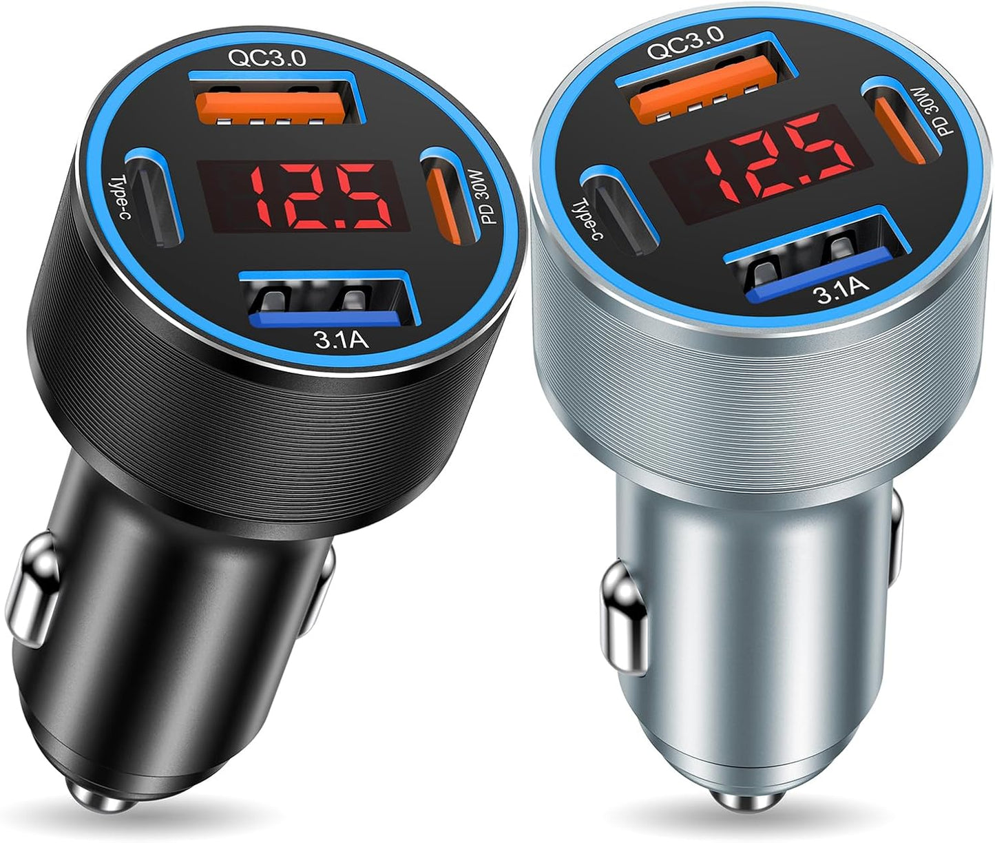 Car Phone Charger USB C,2Pack 4-Port 65W USB C Car Charger Fast Charging Multi Port Cigarette Lighter Adapter with Volt Meter,12V Type C Car Adapter for iPhone 16/16e/15 Pro Max,iPad,Samsung,Android