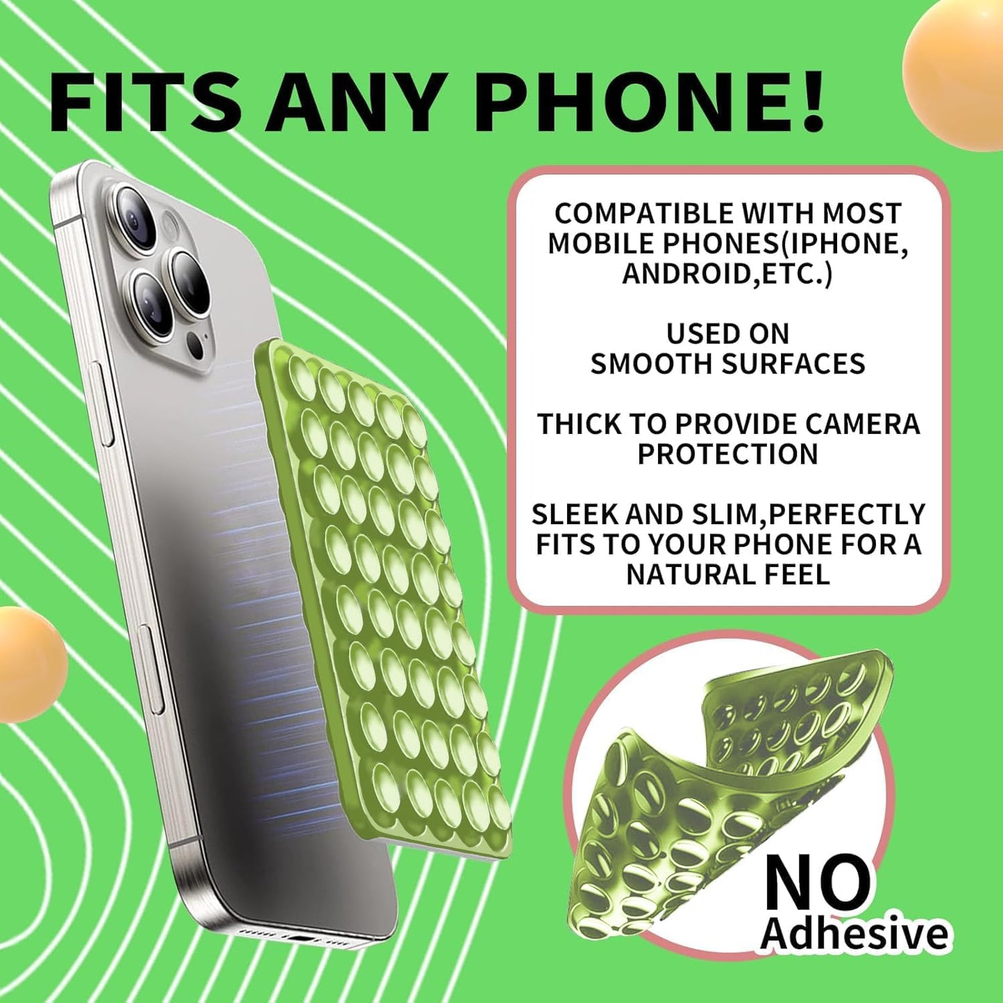 Octo Buddy Silicone Suction Cup Phone Mount Double Sided Sticky Phone Grip Backside Sucker for iPhone Android Hippers Grippy Strong Cell Phone Case Accessory Stuff Mirror Stick On (Green)