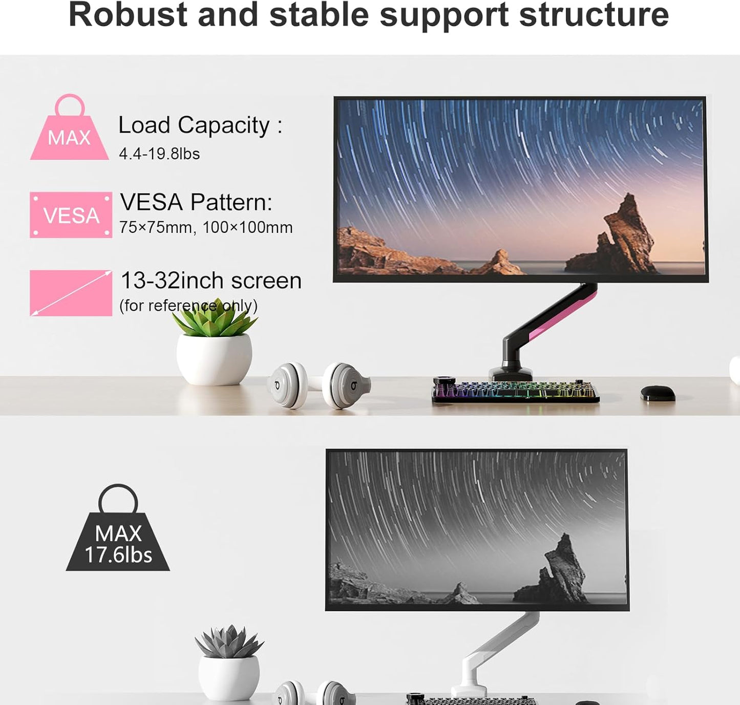 PHOLITEN Single Monitor Arm Fits 13-32 inch,4.4-19.8lbs Screen, Fully Adjustable Gas Spring Arm, Computer Monitor Stand with VESA 75 * 75mm/100 * 100mm Mount,Black & Pink