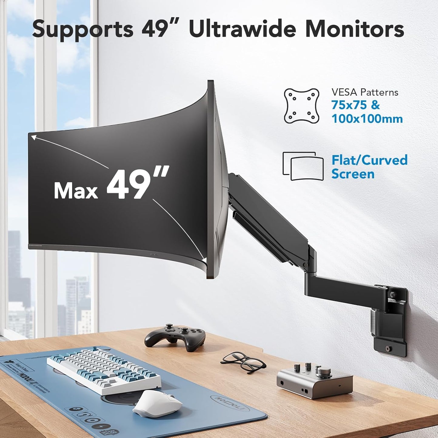 HUANUO 49 inch Ultrawide Monitor Wall Mount, Heavy Duty Screen Arm with Premium Aluminum, Supports up to 44 lbs, Gas Spring Wall Mount Monitor Arm for Height Adjustment, Tilt, Swivel, Rotate
