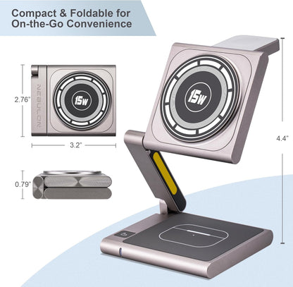 Fast Wireless Charging Station, Foldable for Travel w/Light, Modern All Aluminum Alloy Body, 4 in 1 Charger Compatible with MagSafe for Apple iPhone 16/15/14/13/12, AirPods and Apple Watch [Titanium]