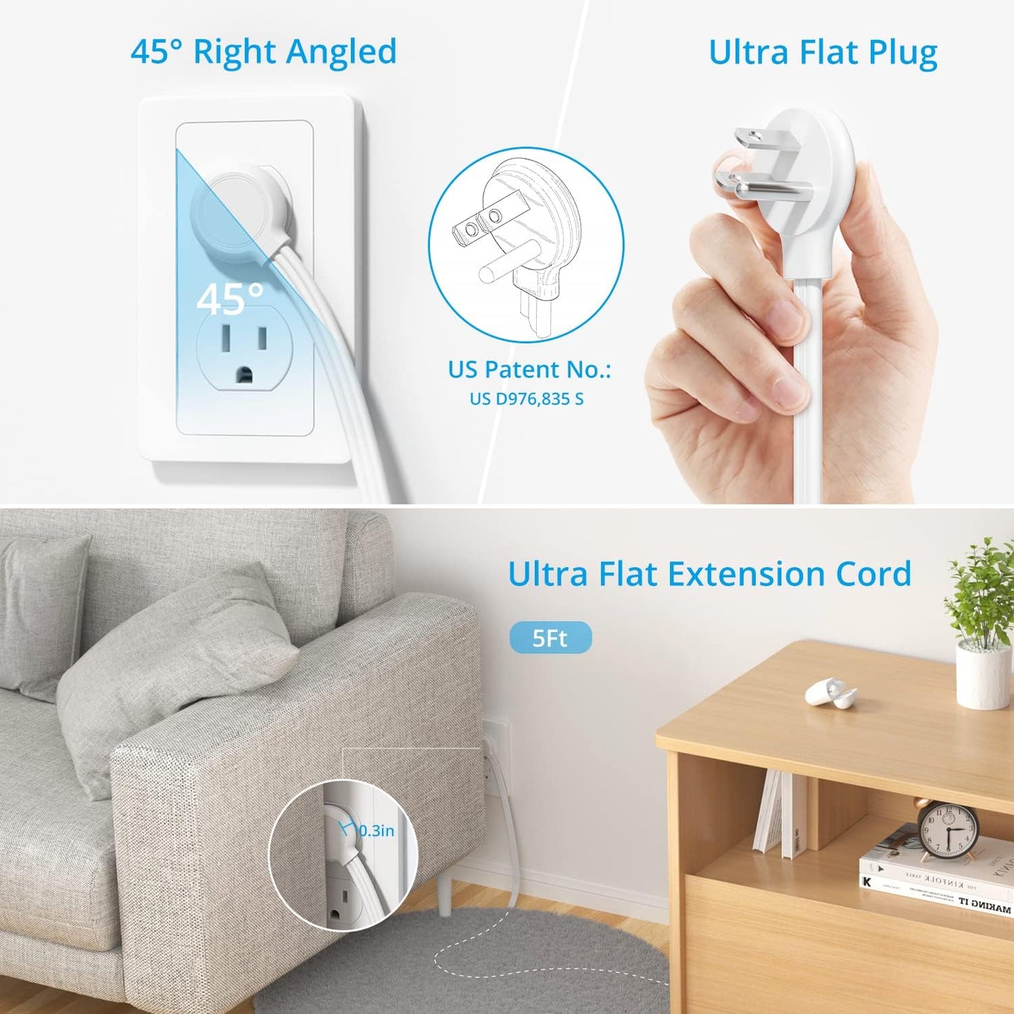 TROND Surge Protector Power Strip with USB, Ultra Thin Flat Plug 5ft Extension Cord 1625W, 3 USB A & 1 USB C, 8AC Outlets 1440J Surge Protection Wall Mount for Home Office Dorm Room Essentials, White