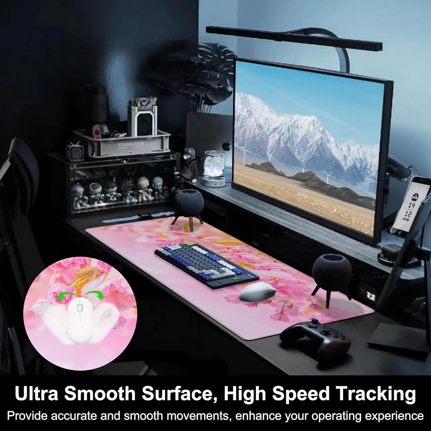 Mouse Pad, Large Pink Sakura and Butterfly Desk Mat, Extended Non-Slip Gaming Keyboard Mousepad Desk Pad, Thick Stitched Edges Waterproof Mouse Mat 31.5"x15.7" (Blossoming Cherry Flowers)