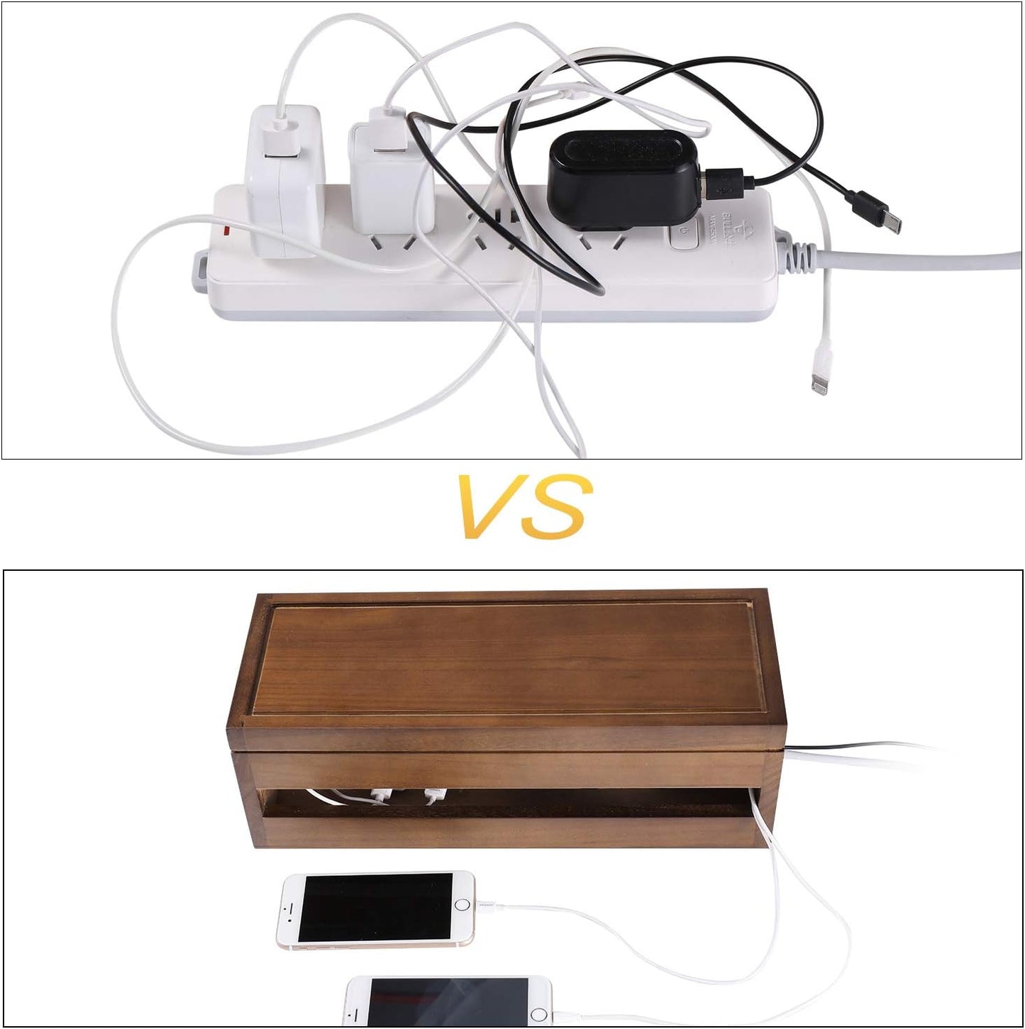 Changsuo Cable Management Box Wooden Cord Organizer Box for Extension Cord Power Stripe Surge Protector Wire Management Concealer Cover Hider for Desktop Home Office Kitchen (Brown)