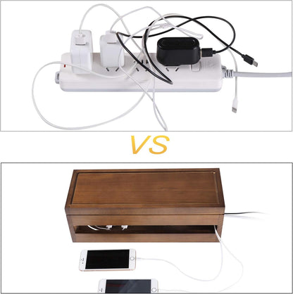 Changsuo Cable Management Box Wooden Cord Organizer Box for Extension Cord Power Stripe Surge Protector Wire Management Concealer Cover Hider for Desktop Home Office Kitchen (Brown)