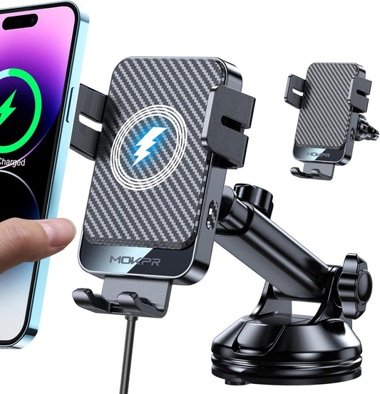 Wireless Car Charger, MOKPR 15W Fast Charging Auto-Clamping Car Mount Universal Hands-Free Car Charger Mount for Dash Windshield Air Vent Compatible with iPhone 16 15/14/13/12, Samsung S23/S22/S21,etc