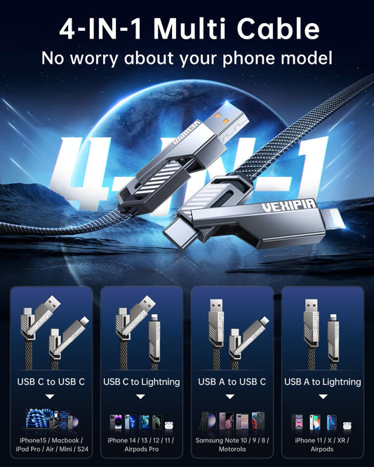 [Upgraded] 4-in-1 USB C Cable 60W 5FT Lightning Cable Fast Charging Flat Nylon Braided for iPhone iPad Charger Cord [480Mbps Data Sync] Multi Charge Wire Combo with Lightning/Type C/USB A Port