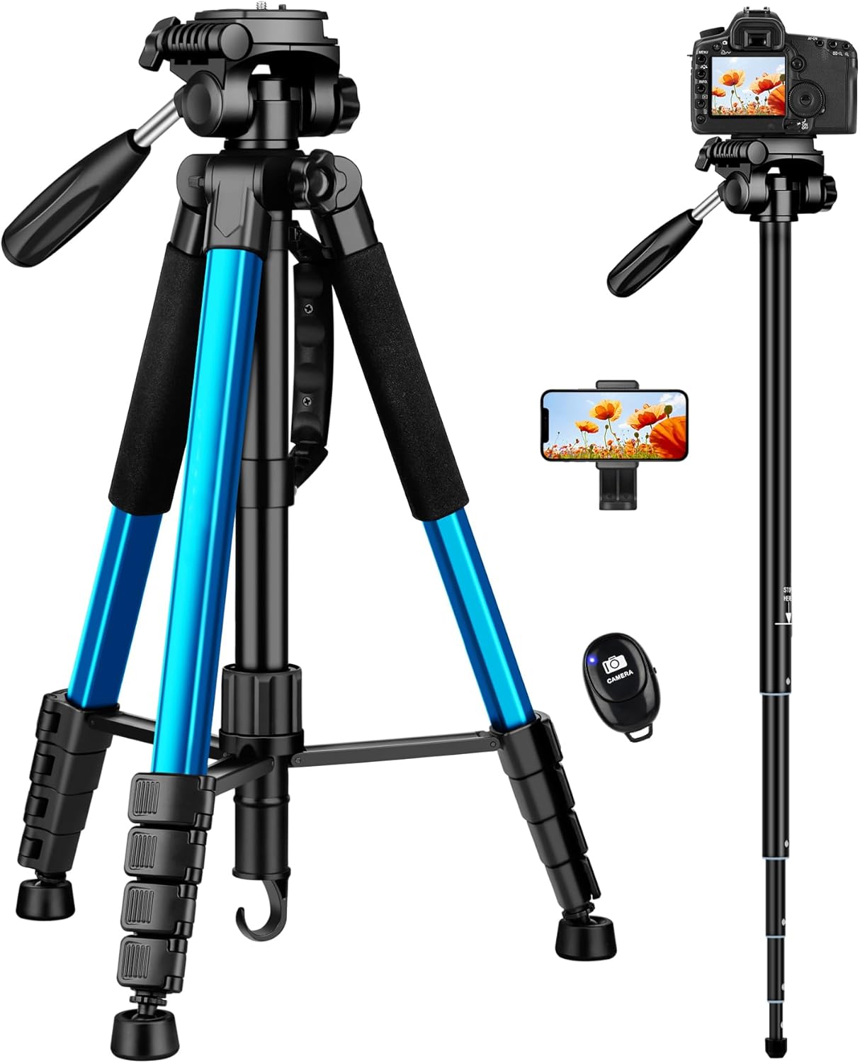 Victiv 72 inch Camera Tripod, Tall Tripod for Camera Cell Phone, Heavy Duty Camera Tripod Stand, Professional Aluminum Monopod, Compatible with Canon Nikon Sony DSLR Cameras - Blue
