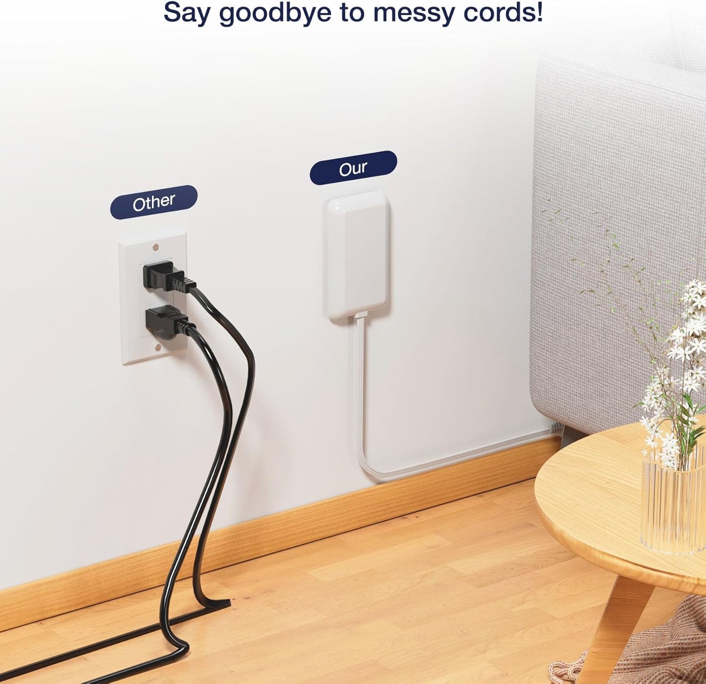 Flat Plug Power Strip 3FT - Ultra Thin Extension Cord White Wall Outlet Extender 3 Outlets with Baby Proofing Cover for Kitchen, Behind TV, Bedroom ETL Listed 13A 125V 1625W