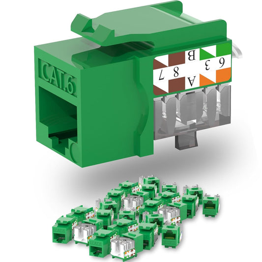 Keystone Jack Cat6 Slim 25 Pack, Cat6 Keystone Jacks 90 Degree, RJ45 Jack Punch Down Green, Compatiable for Network WallPlate or Patch Panels