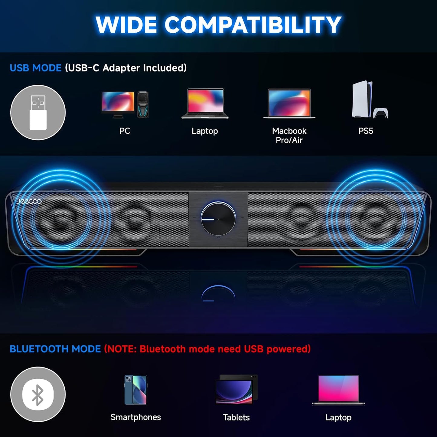 Jeecoo A40 Bluetooth Computer Speakers with Clear Sound, USB Plug & Play PC Speakers with LED Light, Computer Sound Bar with Switch Button for Desktop Laptop Monitor (USB-C Adapter Included)