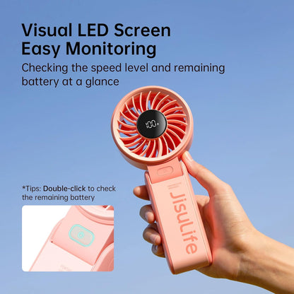 JISULIFE Handheld Fan Life7 – Ultimate Flexibility: High-Power Motor, LED Display, 13 Hrs Cooling, 3600mAh Rechargeable, 5-Speed, Foldable Design, 3-IN-1 Portable Fan for Travel Cruise Beach(Pink)