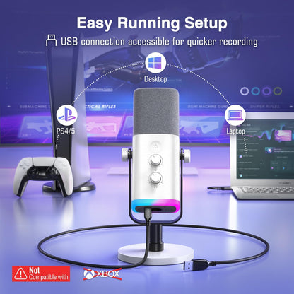 FIFINE XLR/USB Gaming Microphone for Streaming Podcasting, PC Computer RGB Mic, with Gain Knob, Mute Button, Monitoring Jack, Gamer Mic for Recording Video Creation-AmpliGame AM8 White