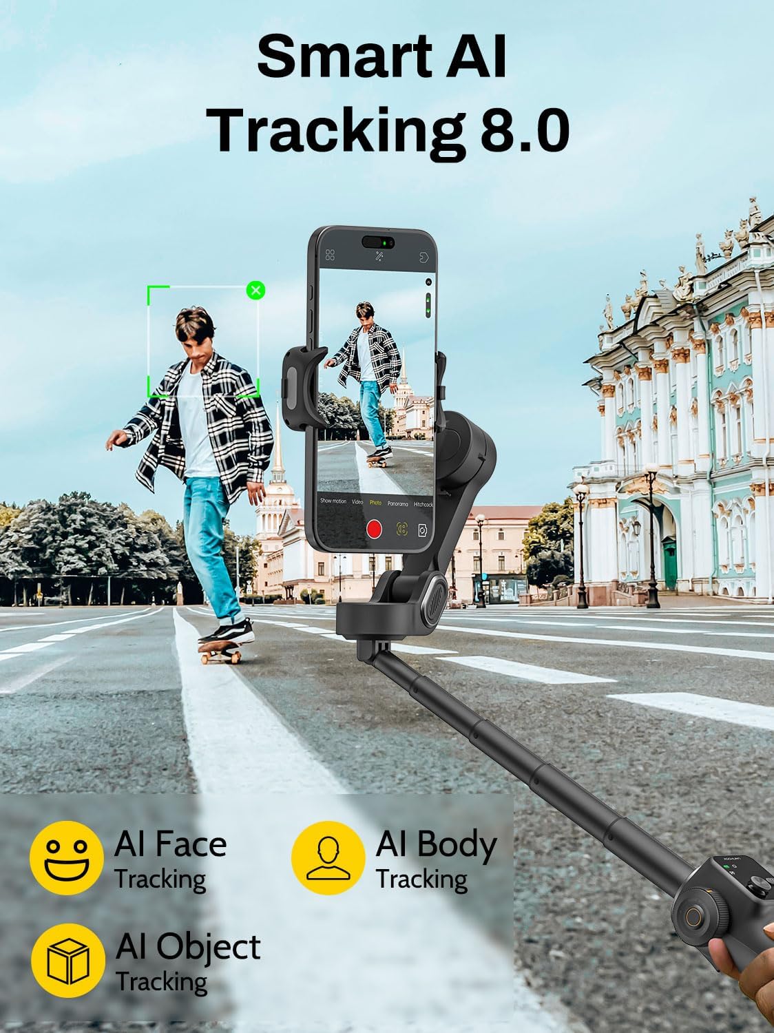 3-Axis Gimbal Stabilizer for iPhone, Smartphone Gimbal w/7.8" Extension Rod, OLED Display, Phone Stabilizer w/Face Tracking, Gesture Control, Video Record for iPhone & Android - Smart V8 Black