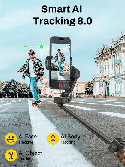 3-Axis Gimbal Stabilizer for iPhone, Smartphone Gimbal w/7.8" Extension Rod, OLED Display, Phone Stabilizer w/Face Tracking, Gesture Control, Video Record for iPhone & Android - Smart V8 Black