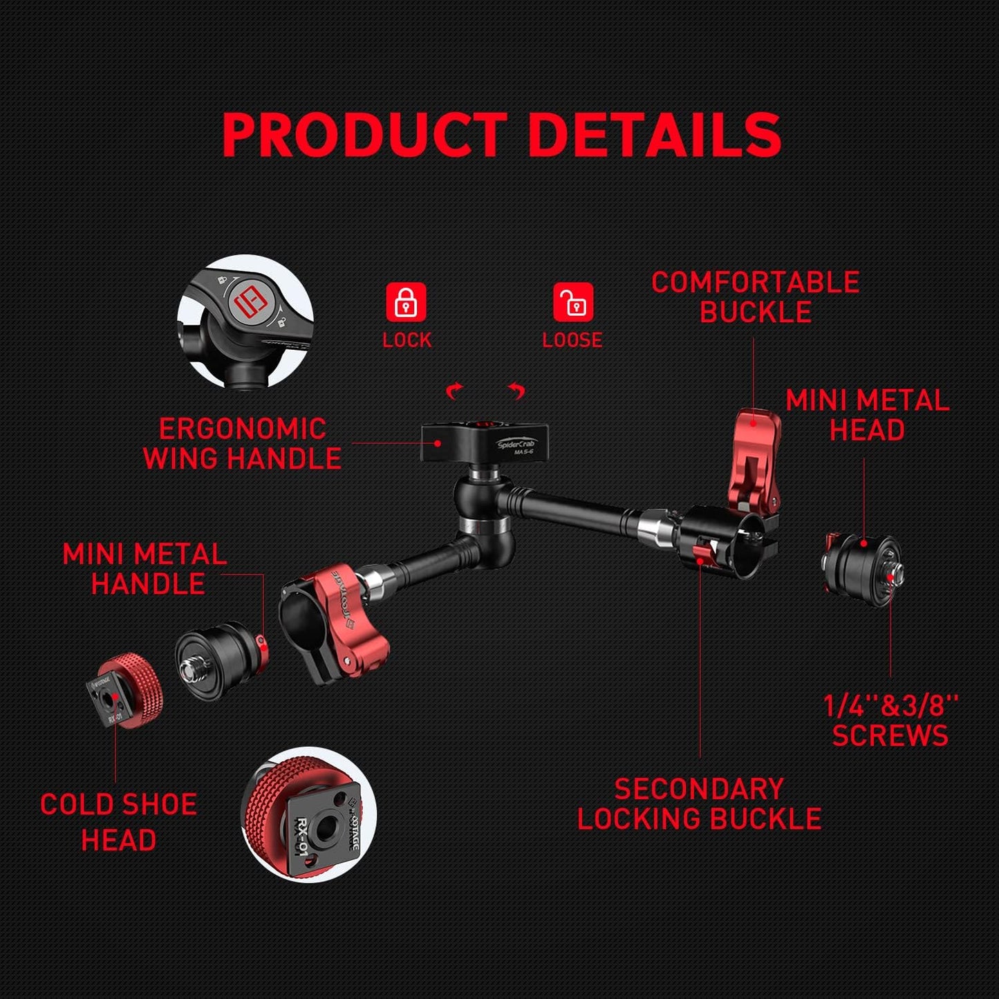 IFOOTAGE Magic Arm Clamp MA5-6, 11 Inches Adjustable Friction Power Articulating Magic Arm with 1/4" and 3/8" Thread Screw for DSLR Camera Rig/LCD Monitor/LED Lights