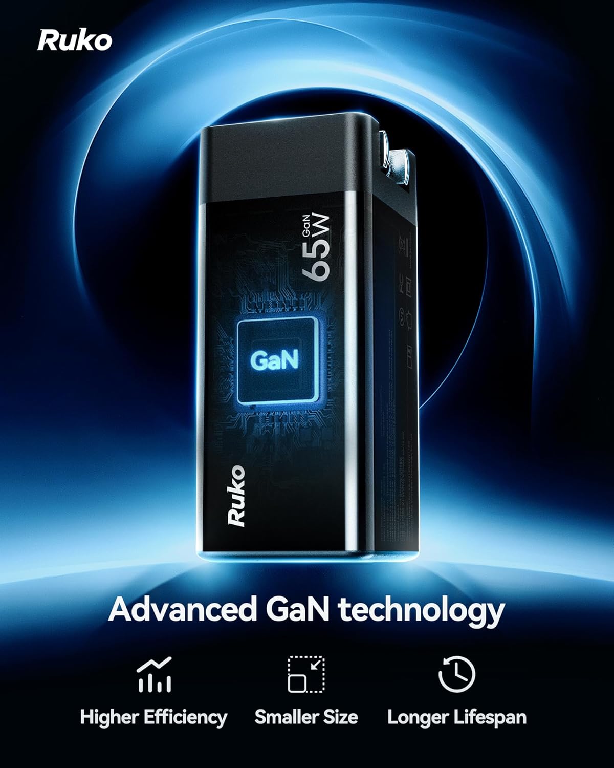 Ruko PD65W USB C Charger, 3-Port GaN Fast Charger Block, Compact Foldable Wall Charger for iPhone 16/15, MacBook Pro/Air, Galaxy S24, Pixel, Drone, Switch and More, Black