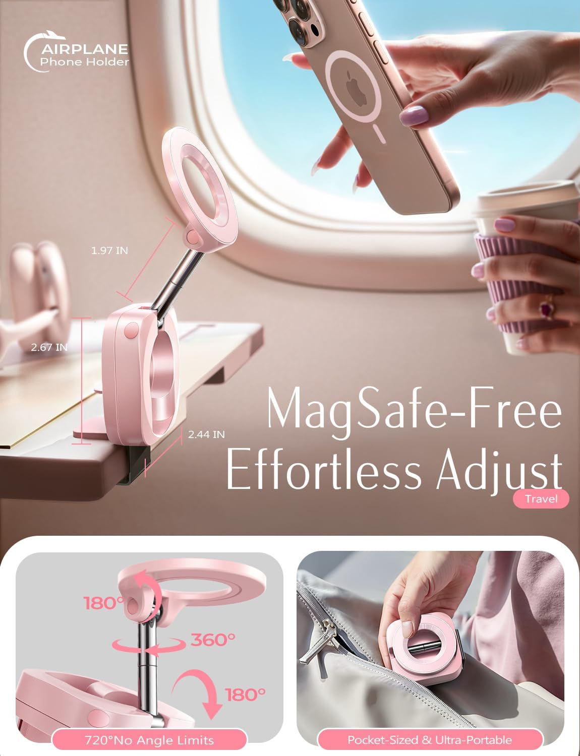 LISEN Airplane Phone Holder Travel Essentials for Women Long Flight Essentials Must Haves Handsfree for MagSafe Phone Stand Beach Vacation Cruise Essentials 2025 for iPhone 16 Pink