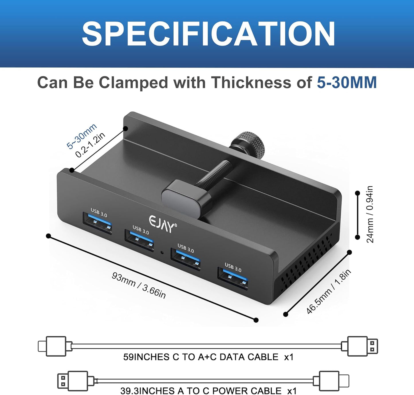 EJAY 4Ports USB3.0 Splitter Alu Clamp Desktop USB HUB for Desk/Monitors Clipping with Extra Power Supply Port and 2 Long Cables(59inches Data & 39inches Power Cables)