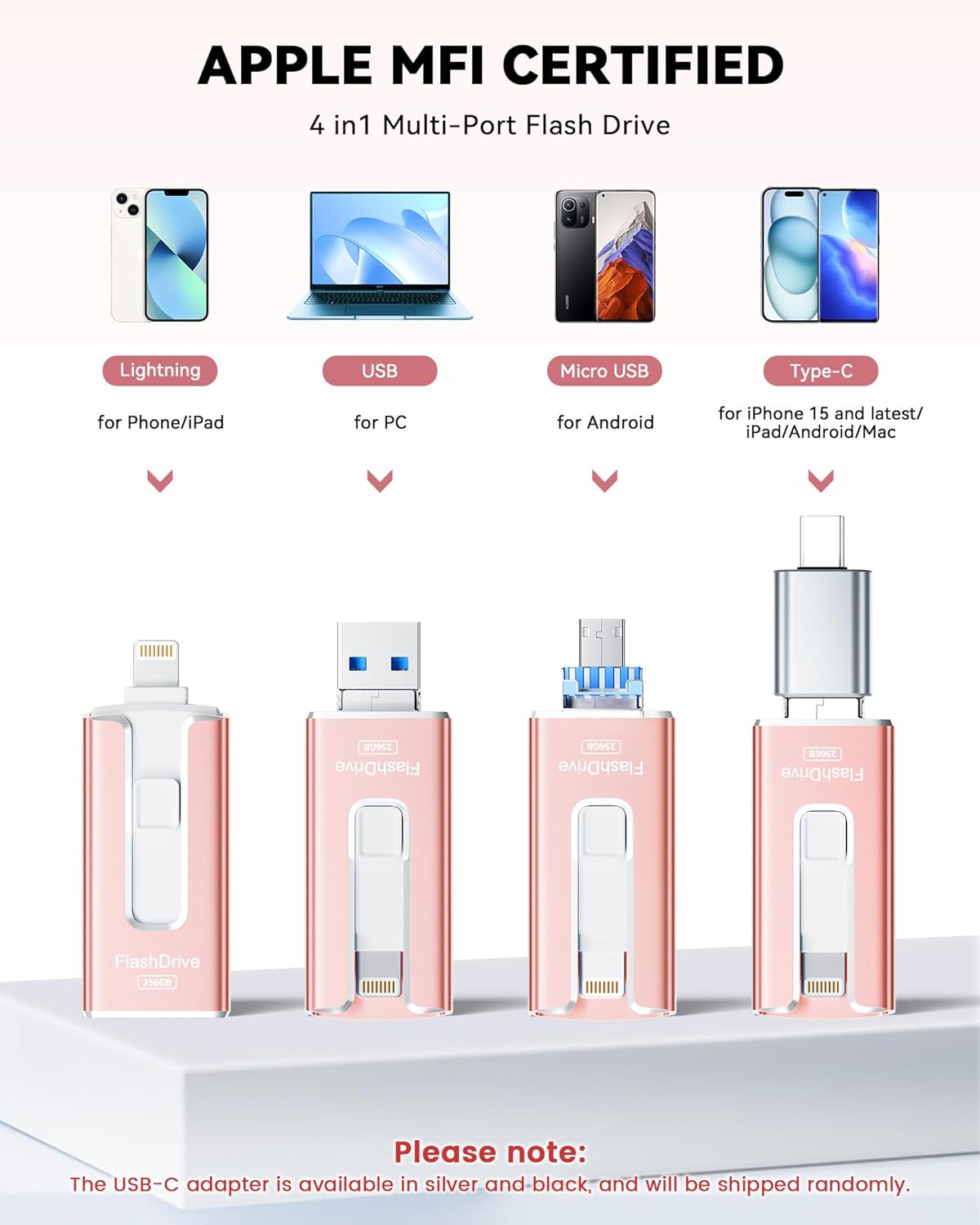 MFi Certified 256GB Flash Drive for iPhone iPad, Photo Stick for External Memory Storage, Easily Back Up and Save Photos, USB Memory Stick Thumb Drive for iPhone/iPad/Android/PC (Light Pink, 256GB)