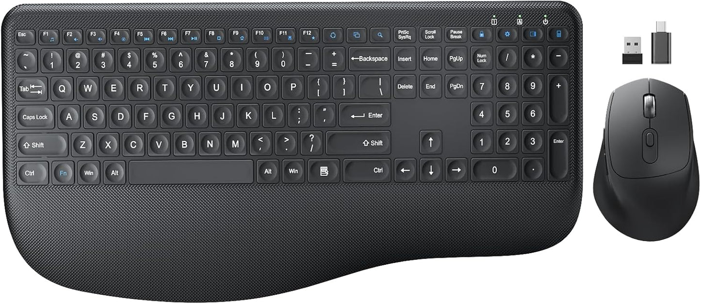 Wireless Keyboard and Mouse Combo, EDJO 2.4G Full-Sized Ergonomic Computer Keyboard with Wrist Rest and 3 Level DPI Adjustable Wireless Mouse for Windows, Mac OS Desktop/Laptop/PC (Carbon Black)
