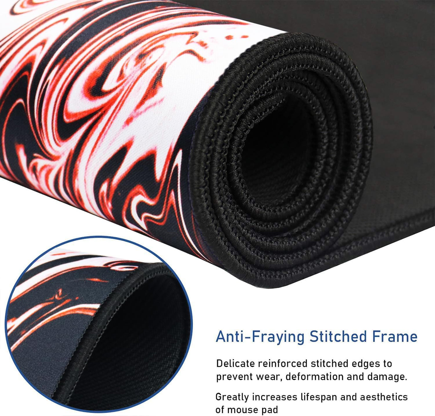 Large Extended Mouse Pad with Stitched Edges, Durable Non-Slip Natural Rubber Base, Waterproof Computer Keyboard Pad Mat for Esports Pros/Gamer/Desktop/Office/Home - Marble Red